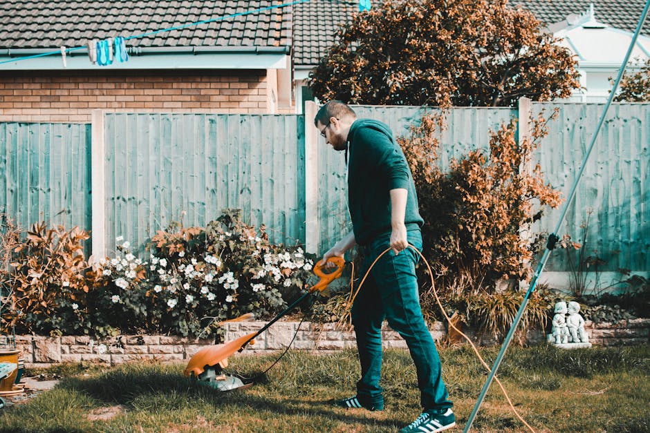 A man wearing glasses, a dark hoodie, and jeans is engaged in garden maintenance in a residential backyard, using an electric grass trimmer to trim the lawn. The garden features a well-maintained grassy area with freshly cut grass, surrounded by flower beds filled with blooming white and brown flowering plants. A wooden fence painted in a light blue-green hue encloses the garden, with a brick house and a tiled roof visible in the background. The garden has a mixture of bushes and small trees, including a notable shrub with reddish-brown leaves. Gardening tools are present, including the electric trimmer the man is using, and a rake leaning against the fence on the right side. The environment appears bright and sunny, creating a pleasant outdoor atmosphere suitable for lawn care and landscaping work, with an emphasis on garden upkeep by Gardeners Finsbury Park as part of their professional gardening services in the N4 area.